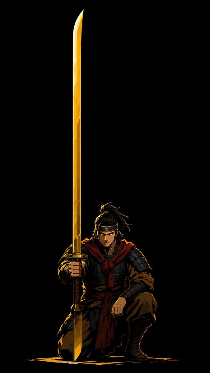 Gyebek kneeling in a black void, a planted phoenix blade as one bright Baekje-yellow vertical line