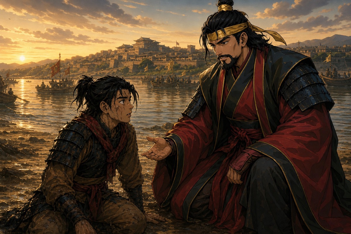 Prince Euija crouches beside the soaked nameless boy on the White River bank, giving him the name Gyebek