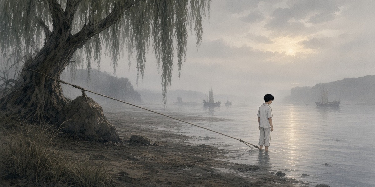 Wide at dawn: an old willow leaning over the river, a rope running from a rock in its roots to the ankle of a small boy at the water's edge