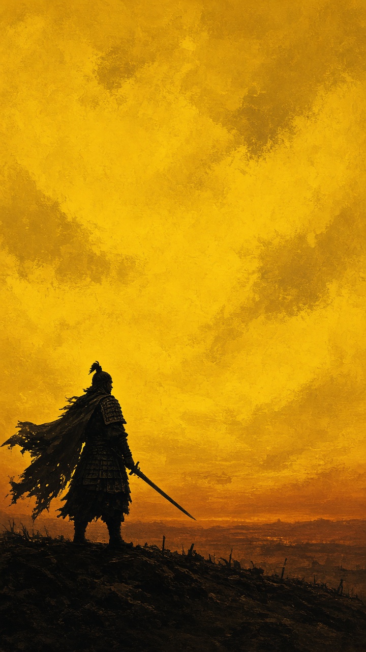 Lone Baekje warrior silhouetted against vast yellow sunset sky - Gyebek's final stand