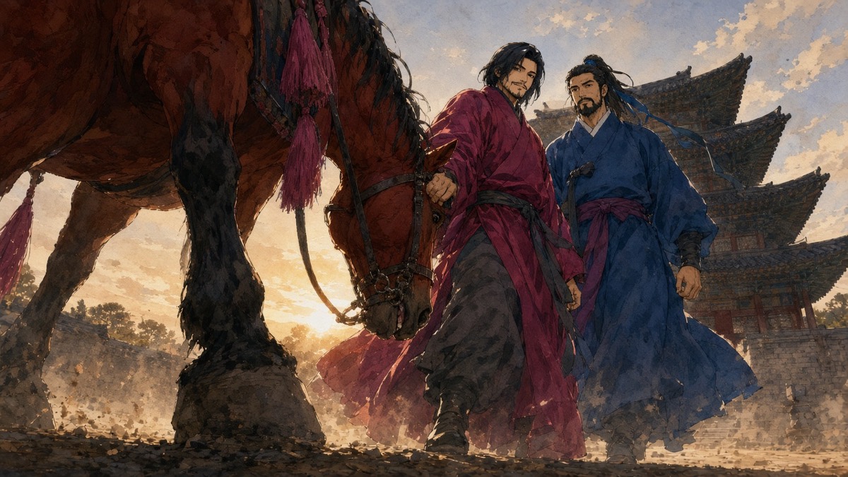 Worm's-eye at the Moon Palace west gate: Yushin grips the bridle of the red bay Hadong while Chunchu smiles down from the saddle