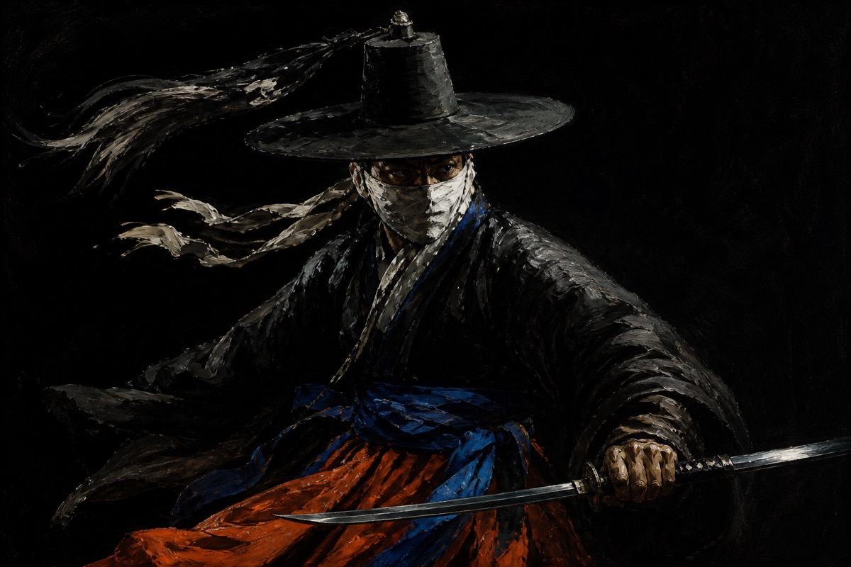 Haewonmek with mouth bound by gat-ties, only the eyes showing under the brim, cobalt and burnt orange, flat underworld