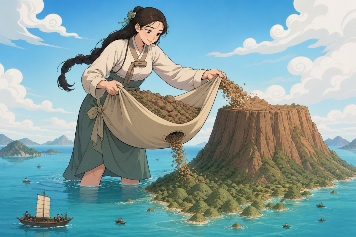 Sulmun the Great Lady piles the seabed into Mount Halla