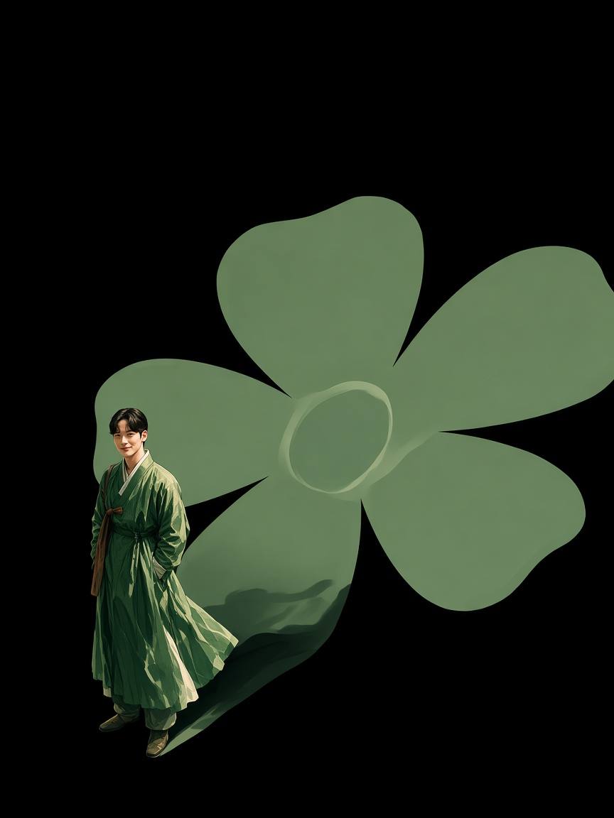 Hallakgungi small in stem-shadow, one enormous sage-green bloom as a disc of light in a black void