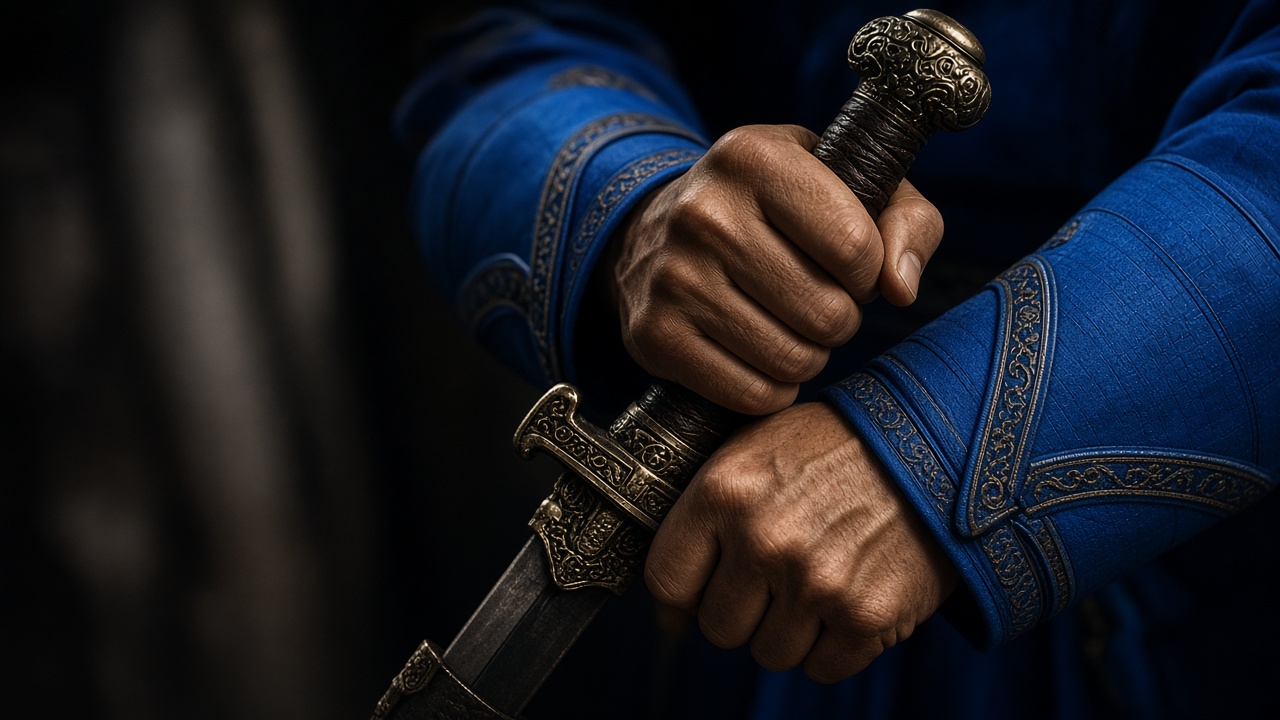 Close-up of hands gripping ornate sword hilt in blue Silla armor - determination and strength