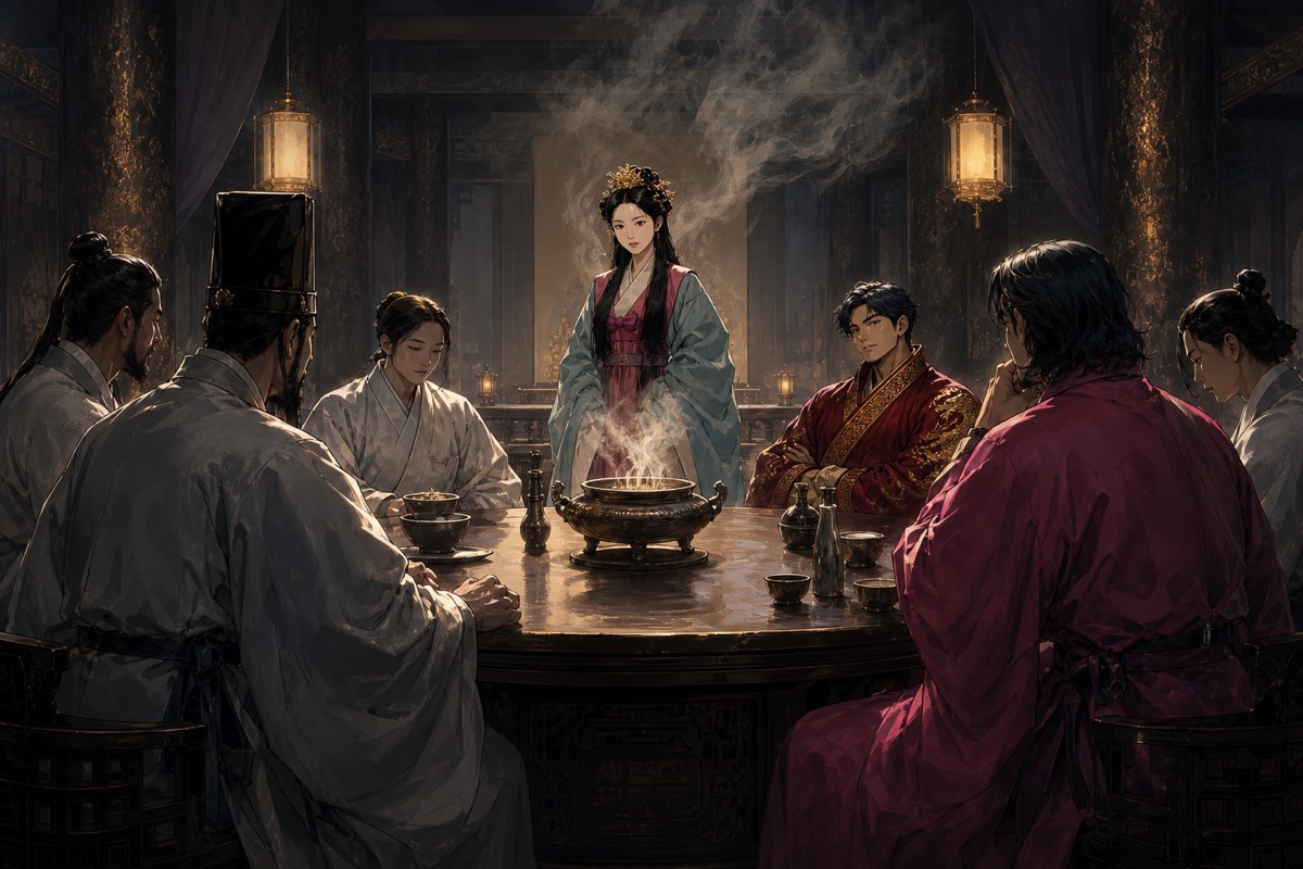 The Harmony Council — Silla's nobles debate the succession around a smoking brazier deep into the night