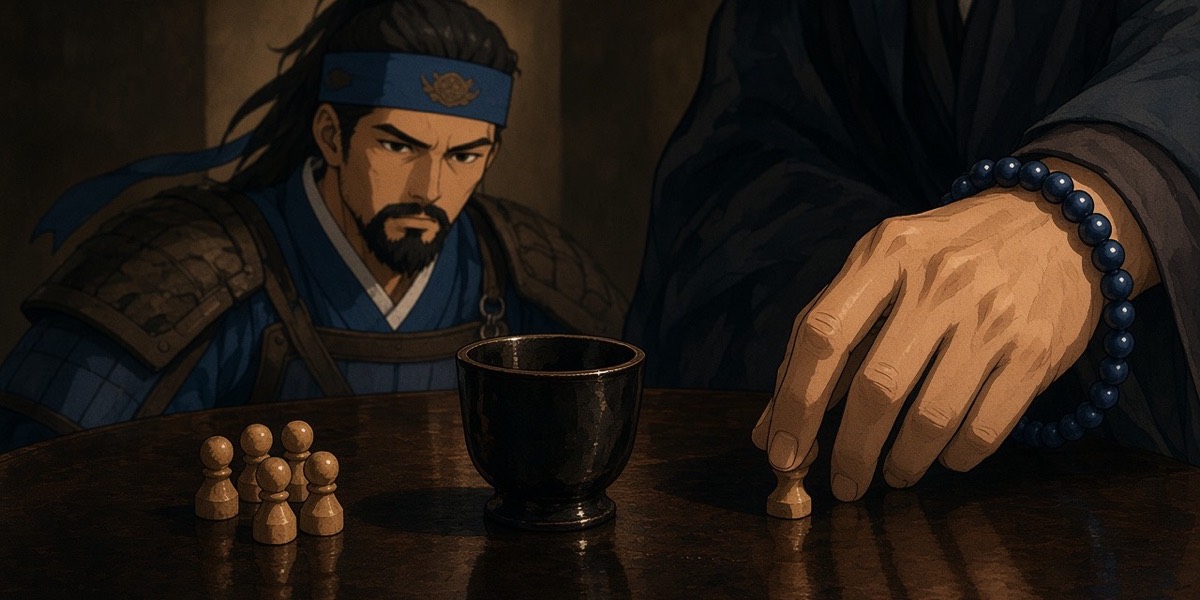 Close on the voting cup: five pieces on the yes side, Bidam's beaded hand holding one on the no side