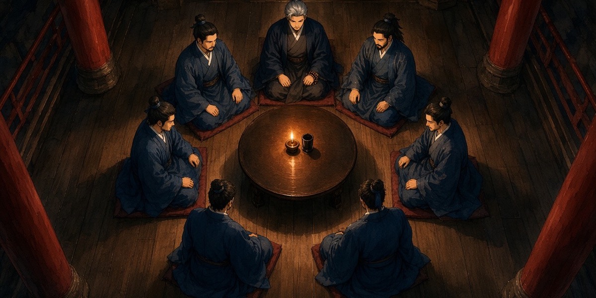 Straight down onto the Harmony Council's round low table: seven men kneeling in a ring around one lamp