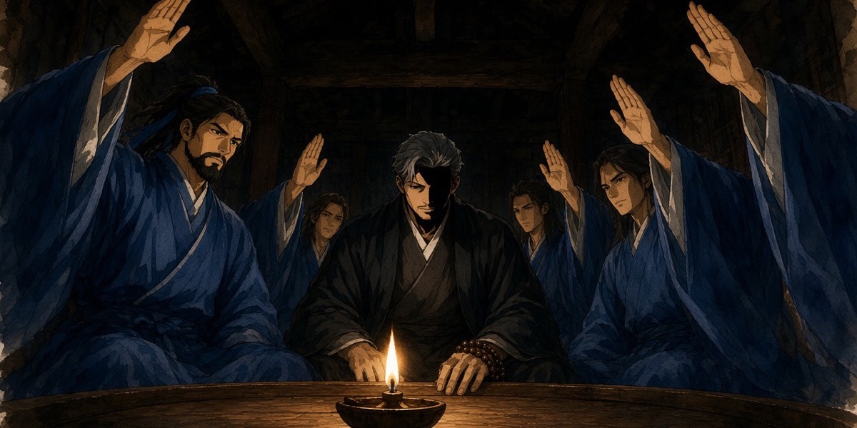 Worm's-eye from the low table: a ring of silk sleeves rising into the dark, one hand staying down