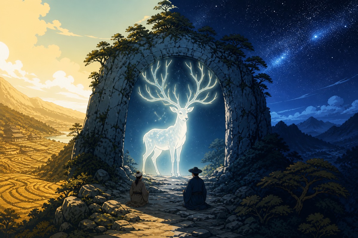 The Heavenly Deer at the threshold between yellow earth and starred sky