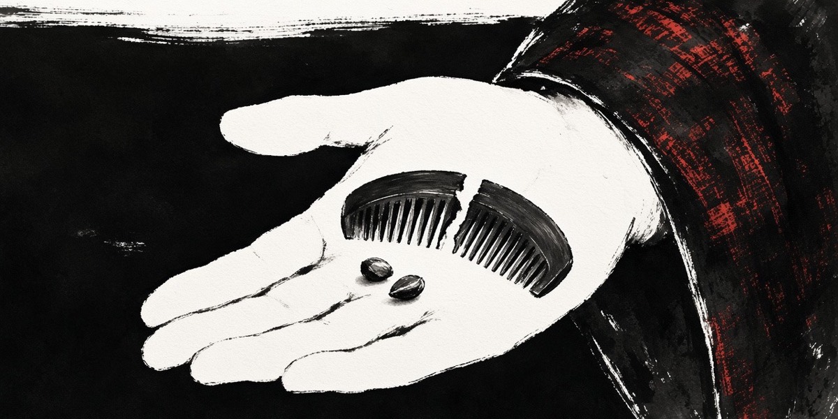 Ink: two gourd seeds and half a comb in her palm; his sleeve leaving the frame
