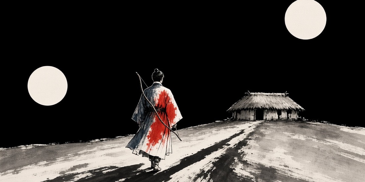 Ink: two moons over a road at night; a tall stranger stops at the poorest hut