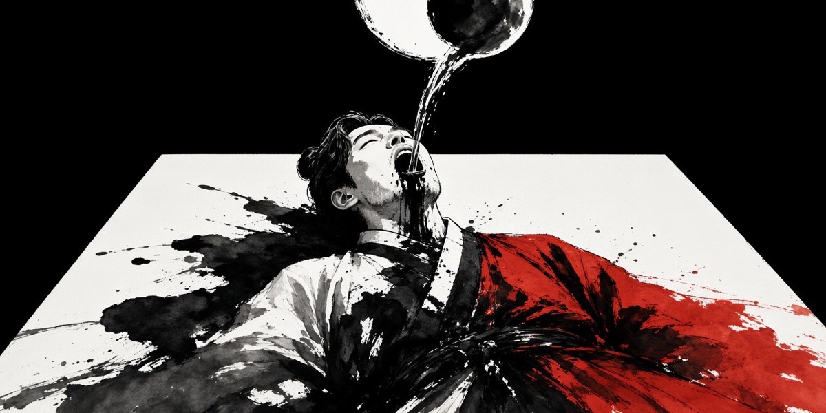 Ink: Heaven–Earth King asleep at his desk, a sun and a moon sliding into his open mouth