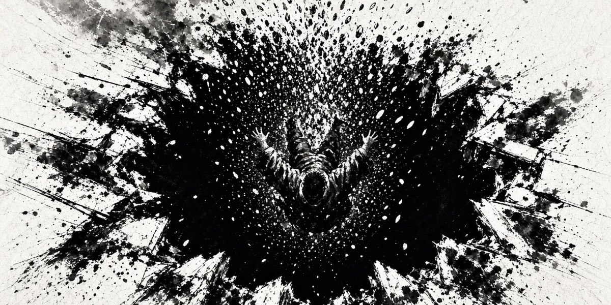 Ink: the scoundrel falls through a storehouse floor into solid black, rice scattering up as white