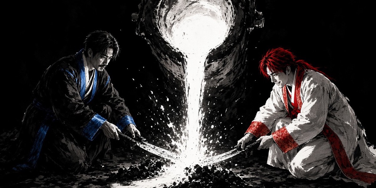 Ink: molten iron pours white into bow moulds; the twins lit from below