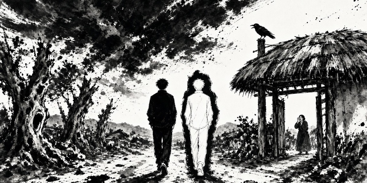 Ink: at dusk a mother calls at the gate; two identical sons answer on the road, one of them a ghost