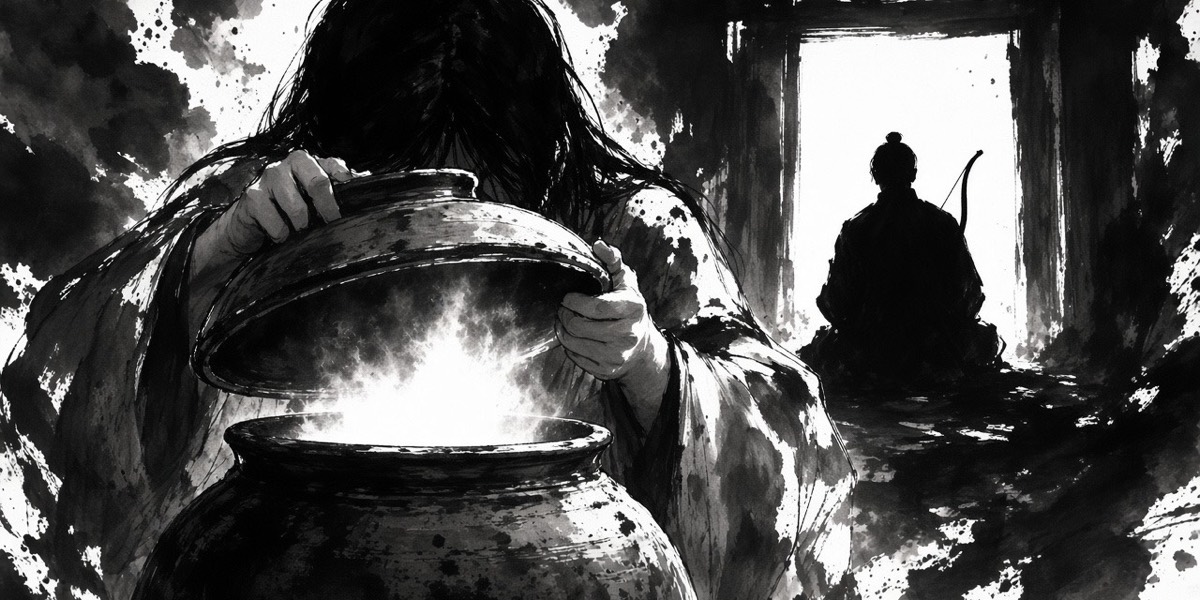 Ink: in a black hut, a girl lifts the lid of an empty rice jar; a stranger waits in the white doorway