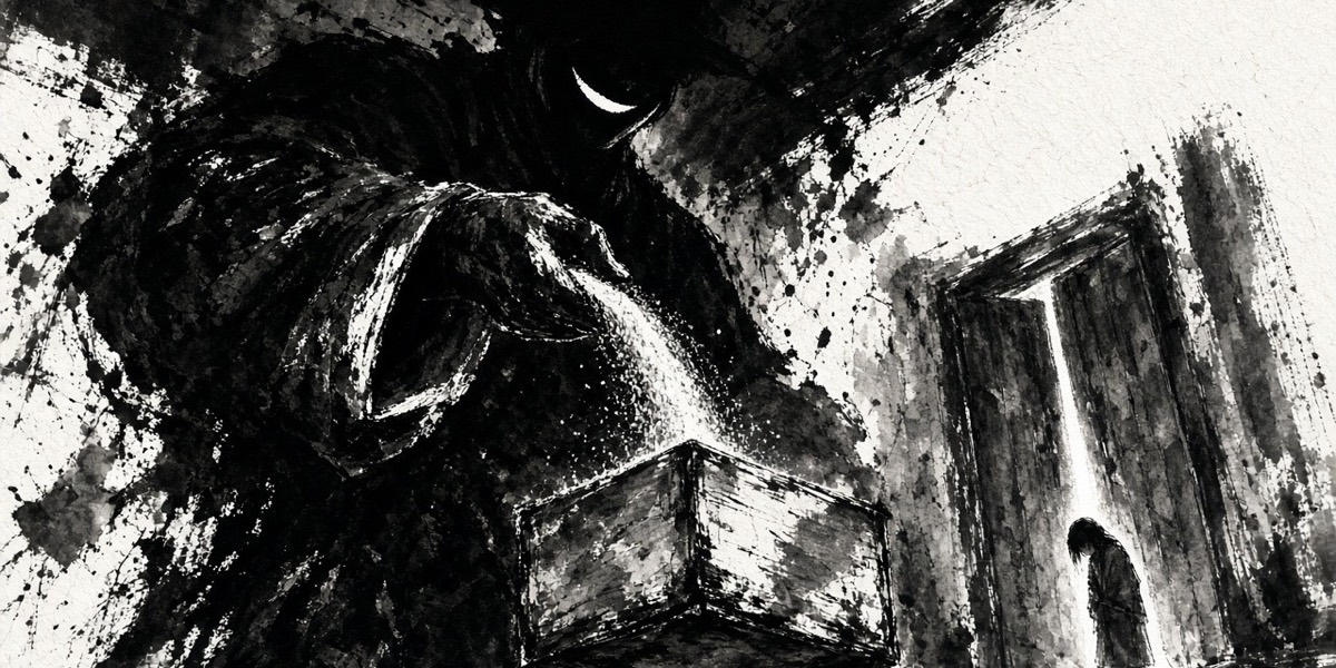 Ink: the scoundrel’s back fills the frame as he pours sand into the rice measure