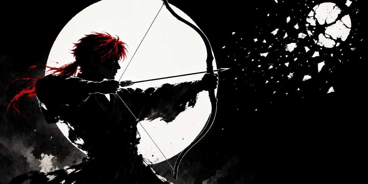 Ink: Little Star at full draw, silhouetted against one moon while the other cracks