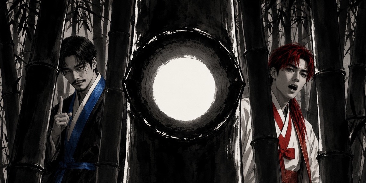 Ink: the brothers sit on either side of a bamboo grove; one cut stalk shows its hollow