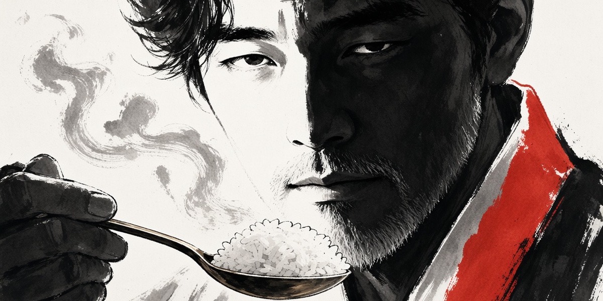 Ink: Heaven–Earth King stops chewing, a grain of sand white on the spoon