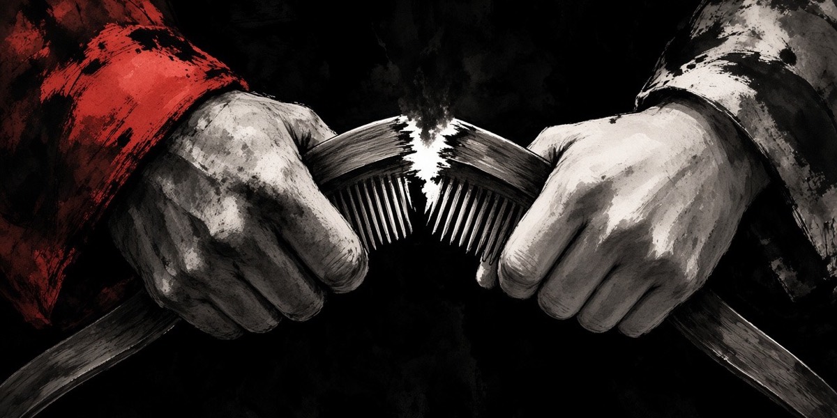 Ink: two comb halves meet in a huge hand; fifteen years close in one seam
