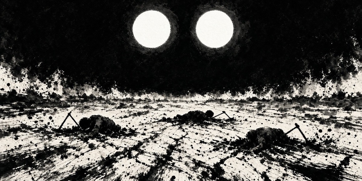Ink: two suns burn as bare paper holes in a black sky; tiny farmers fall in the furrows
