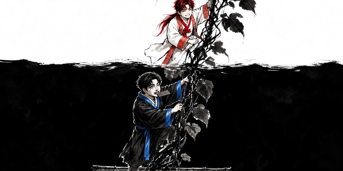 Ink: two boys climb a gourd vine that rises out of a black night into white sky