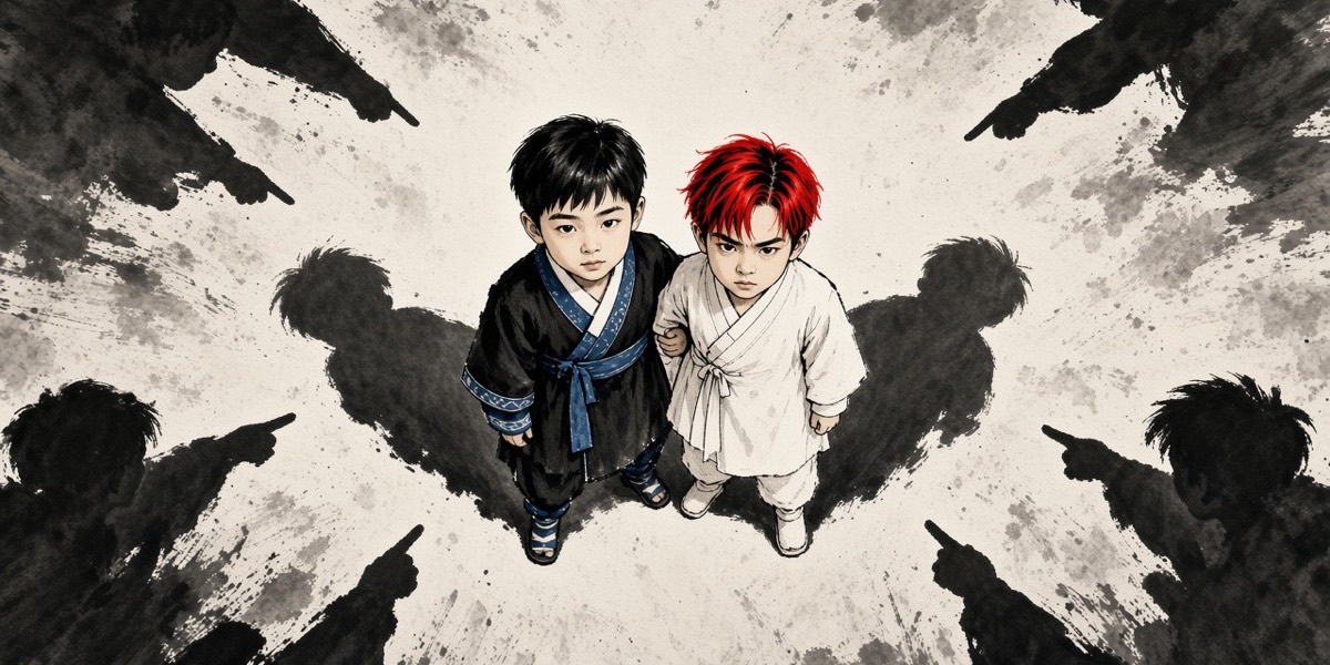 Ink: two small boys in a yard under two suns, each boy casting two shadows, village children pointing