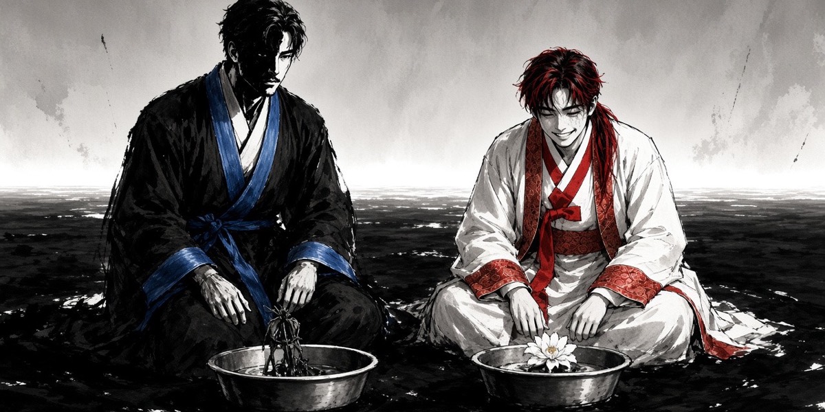 Ink: Big Star kneels, looking at the stolen flower; his own wilted one by his hand