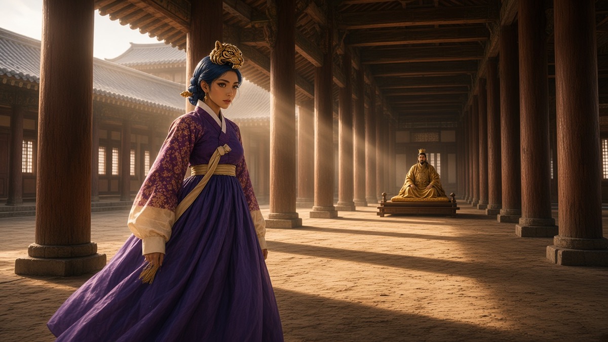 Long Gaya timber-column aisle: Heo presents herself in the court, Suro a small gold figure on the far dais