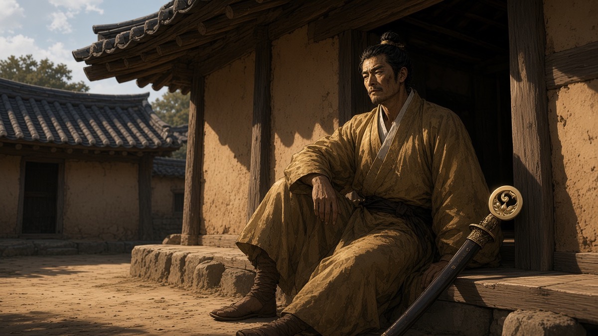 Heungsu on the threshold of a rammed-earth posting hut; worn ring-pommel against the doorpost