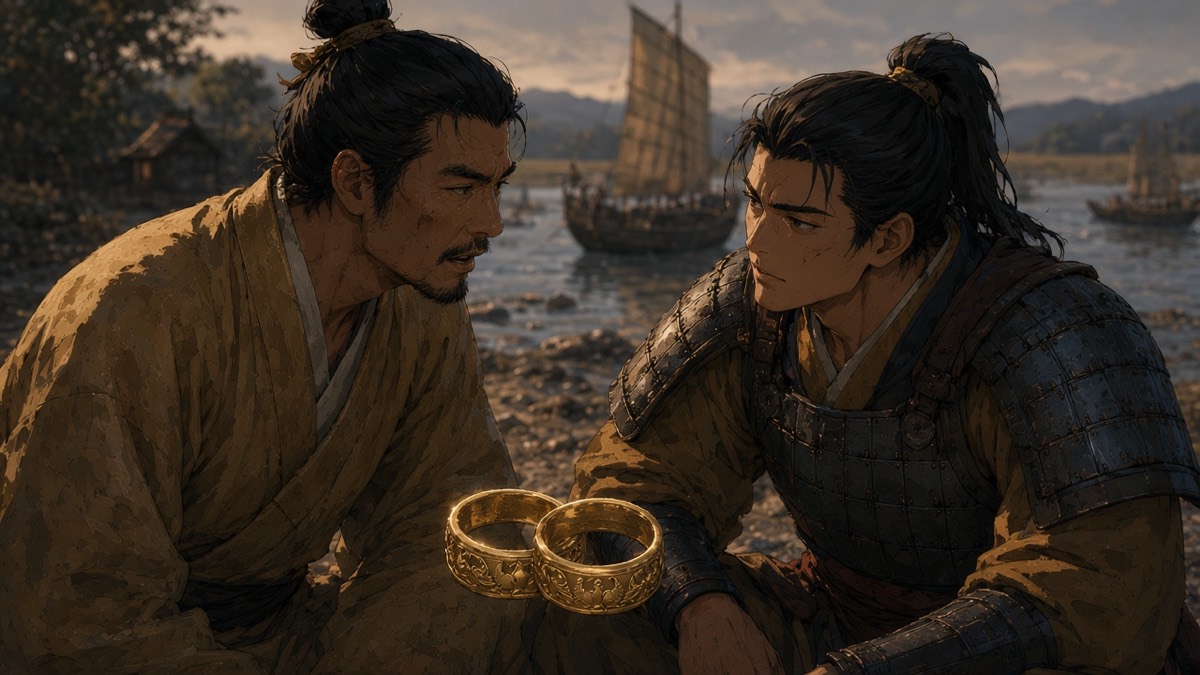 Two-shot at the White River: Heungsu and Gyebek; two hollow ring-pommels overlapping at their belts