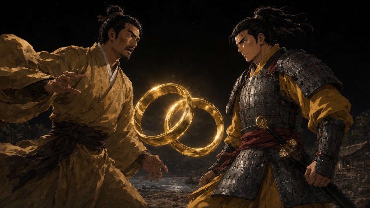 Dutch two-shot: Heungsu and Gyebek at the berth, ring-pommels catching the dusk