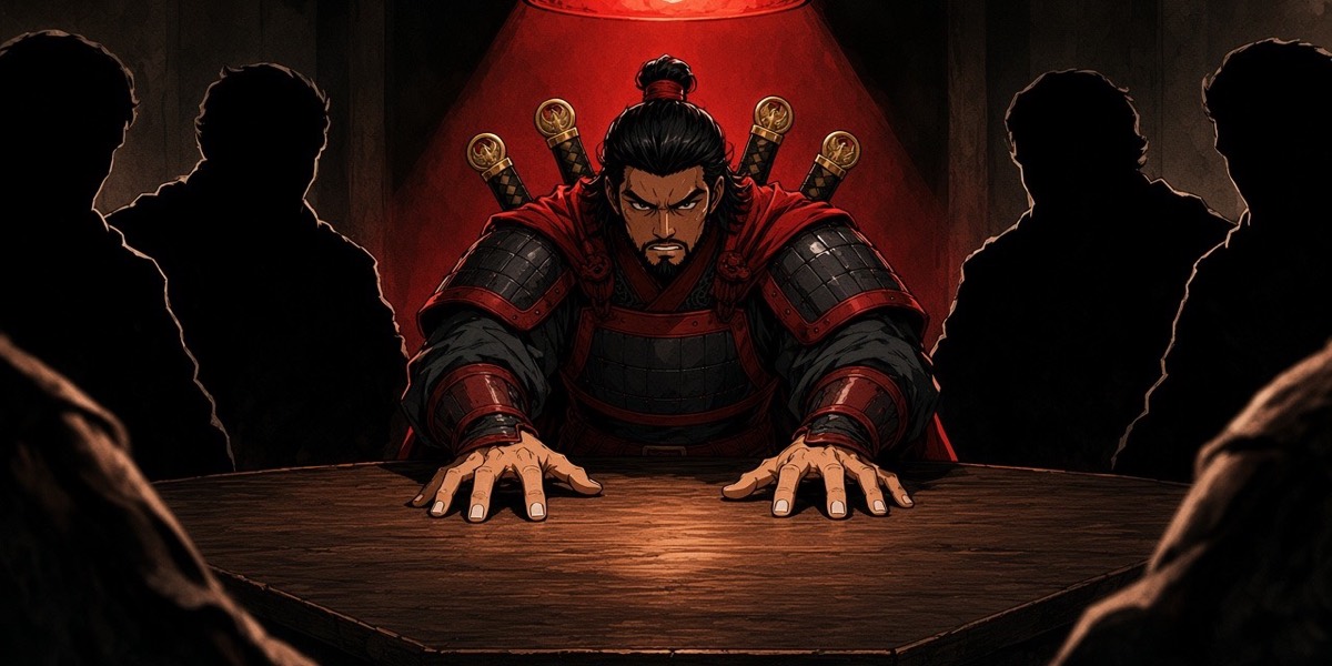 Low across the pentagon tabletop: Gesomun leaning on flat white-knuckled hands, the other commanders in shadow