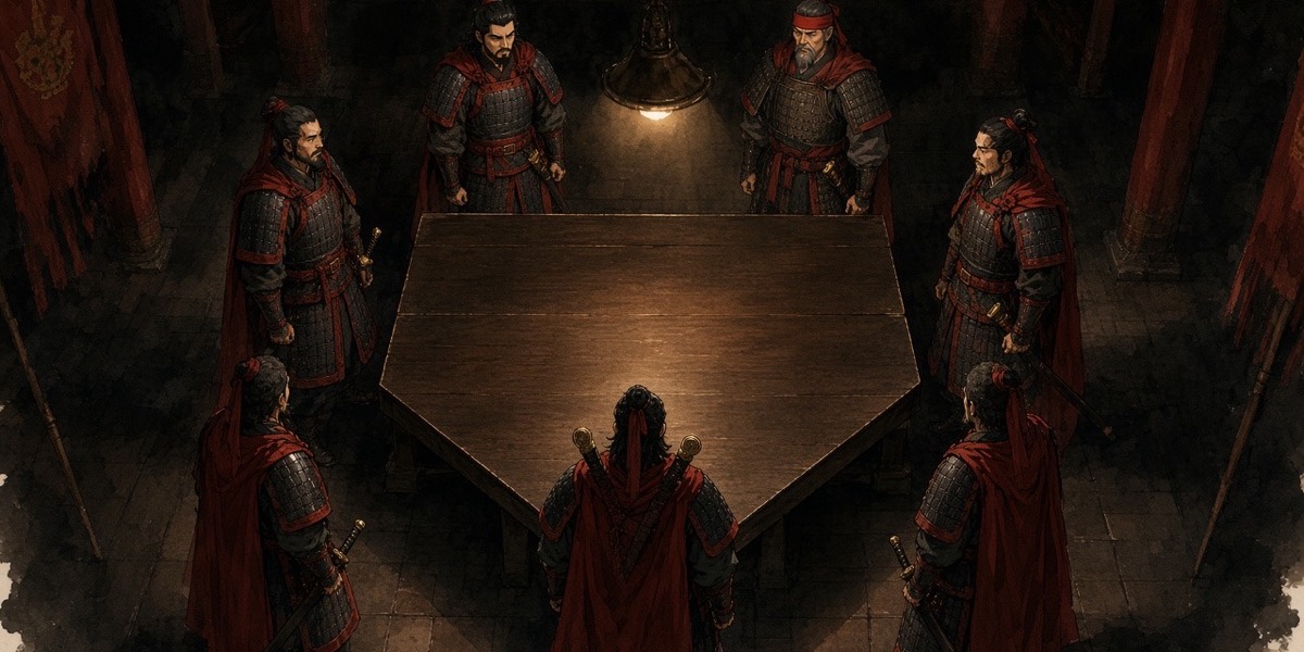 Bird's-eye onto the High Summit's tall five-sided table: one Goguryeo commander at each side under red banners