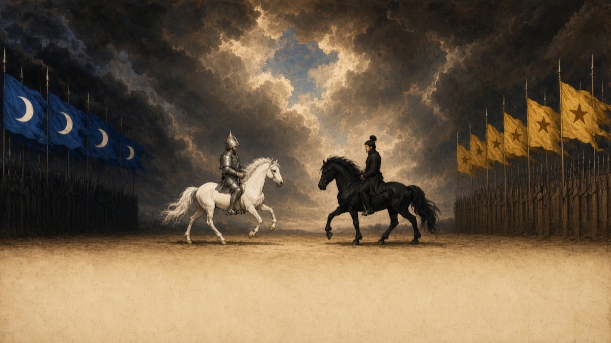 Iconic wide: a white horse and a black horse face each other alone in the empty gap — blue banners on one edge, yellow on the other