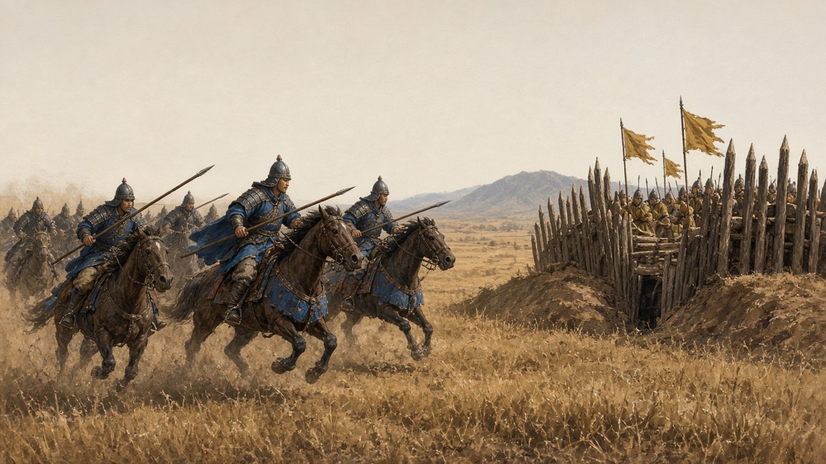 Silla cavalry charging the yellow Baekje palisade on Yellow Mountain field — fourth assault, horses and dust, Gyebek’s camp holding