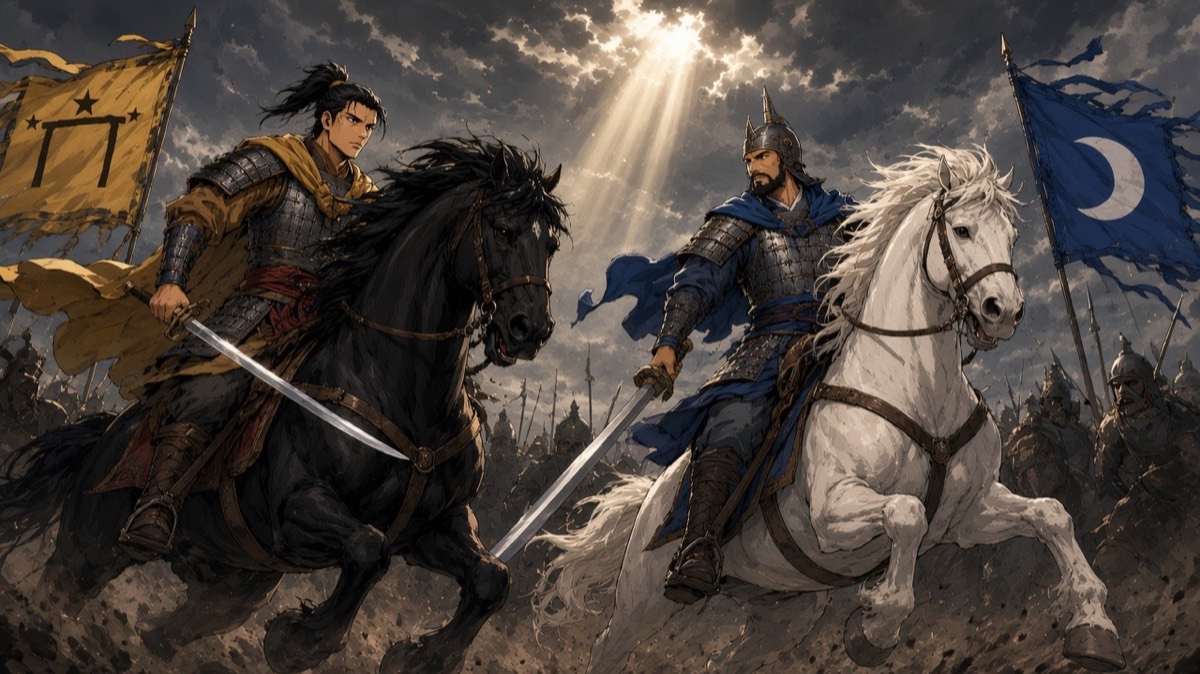 Yellow banners on one side, blue on the other: the black horse and the white horse collide in the gap, Gyebek's reversed blade cutting past Yushin's guard