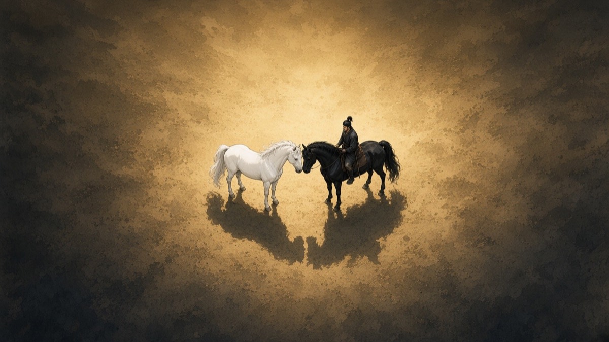 Straight down from above: the black horse and the white horse nose to nose on yellow dust like two go stones