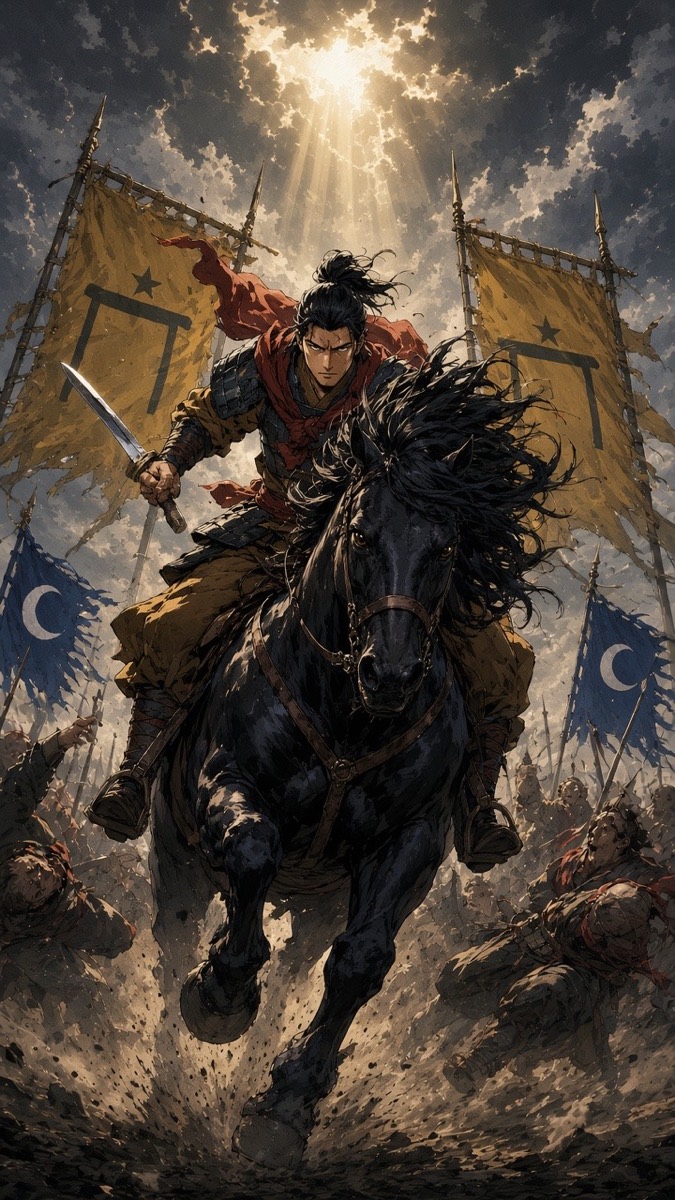 Worm's-eye: Gyebek bursts out of the dust on the black horse under yellow Baekje banners, the Silla column breaking around him