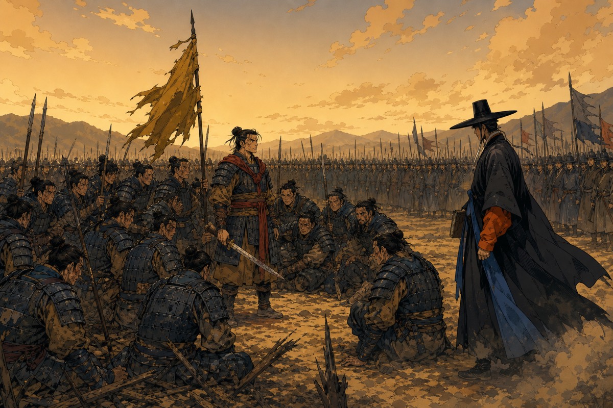 Gyebek's centre camp collapsing under the final Silla charge — dust, shortening spears, a thin gold line