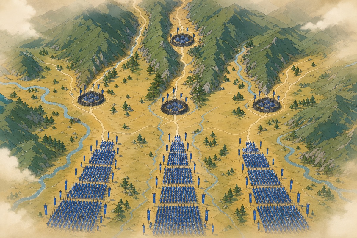 Map of the Yellow Mountain Fields — three roads in, three Baekje camps, no fourth way