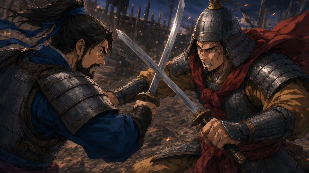 OTS clash: steel vs steel, blue cloth vs yellow cloth, two grimaces, crushed dusk