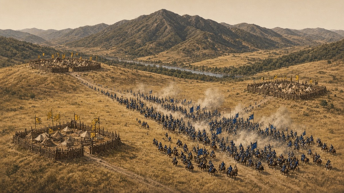 High view over Yellow Mountain at Yeonsan: a real yellow-grass mountain field with Maebong behind, three Baekje palisade camps on the three roads in, Silla cavalry massing on the open plain