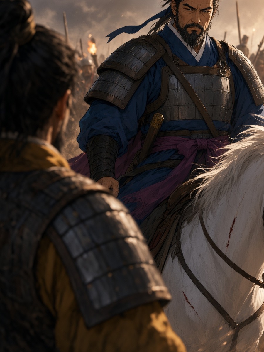 Over Gyebek's shoulder: his eyes on Yushin's tied-off sleeve and the cut on the white horse
