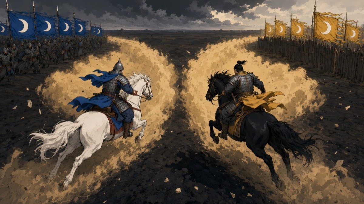 From high above, the black horse and the white horse wheel apart toward blue and yellow banners, two dust trails splitting