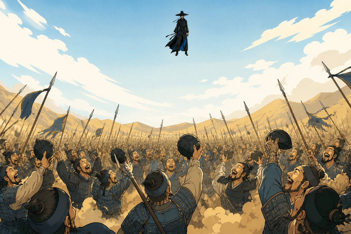 Five thousand Baekje soldiers cheer and wave up at the dark underworld escort hanging in plain day