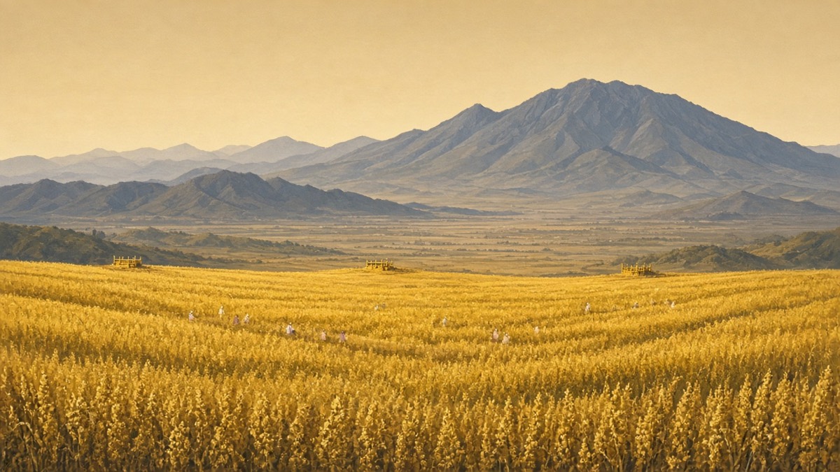 Wide yellow field at Yellow Mountain, Maebong behind, three tiny palisade camps