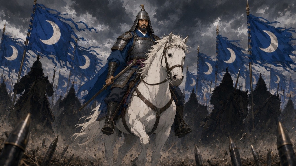 Low strip: Yushin on the white horse at the head of the Silla centre under blue moon banners, the men around him gone silent